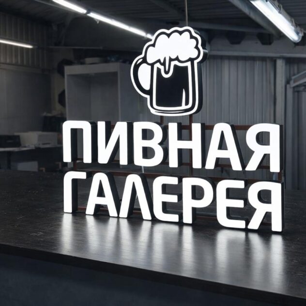 Световые объёмные буквы и знак с кружкой на верстаке